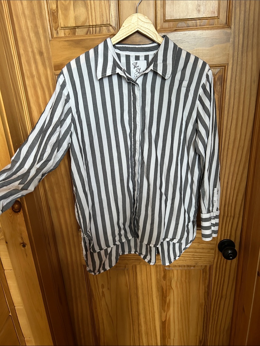 Tribal Vertical Stripe Button-Up Shirt in White and Gray